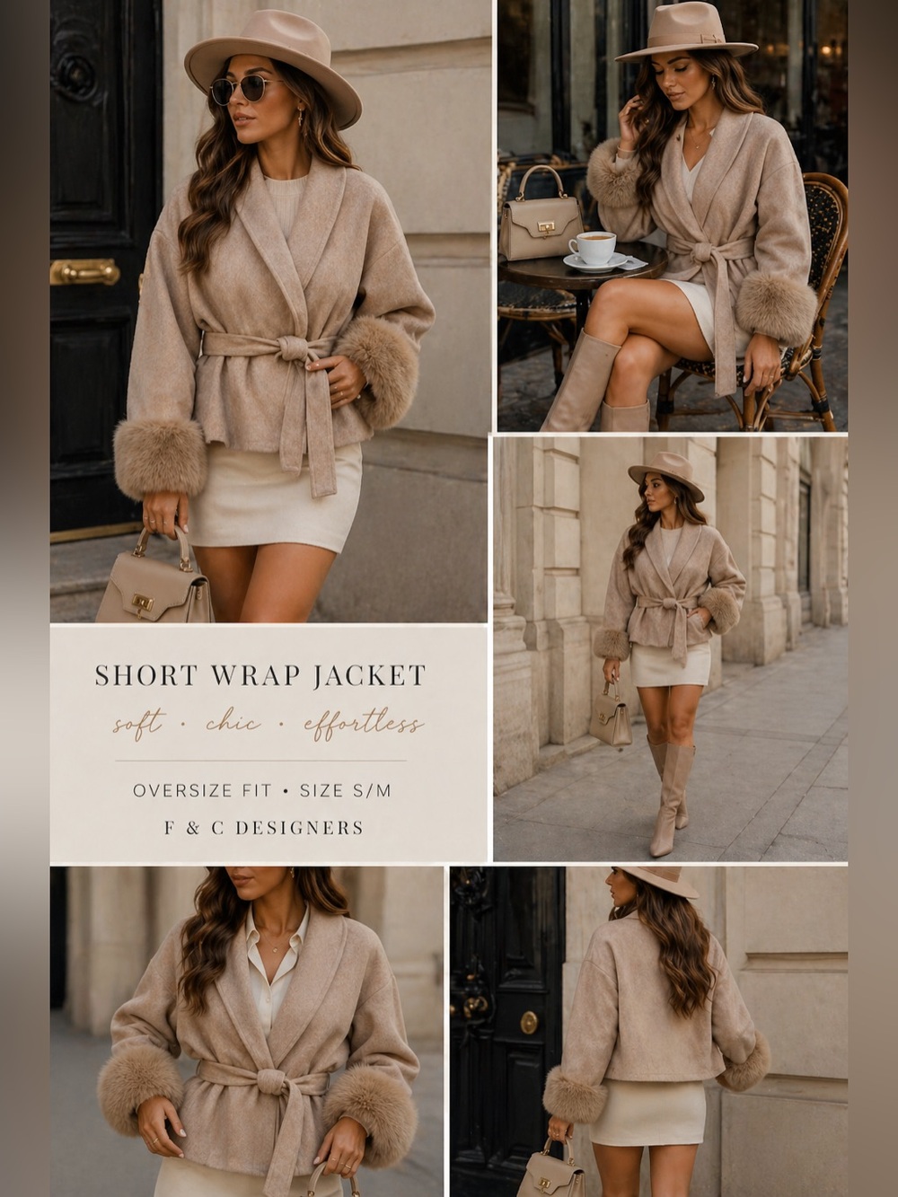 Katchme Oversized Wrap Jacket Faux Fur Cuffs Beige S/M Chic Luxury